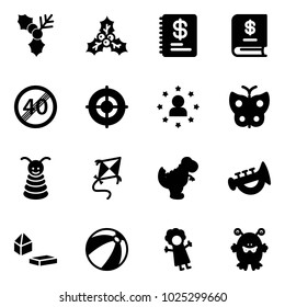 Solid vector icon set - holly vector, annual report, end speed limit road sign, target, star man, butterfly, pyramid toy, kite, dinosaur, horn, constructor blocks, beach ball, doll, monster
