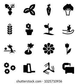 Solid vector icon set - holly vector, three leafs, carrot, broccoli, spica, flower pot, sproute, hand, palm, tulip, water power plant, wind mill, machine tool