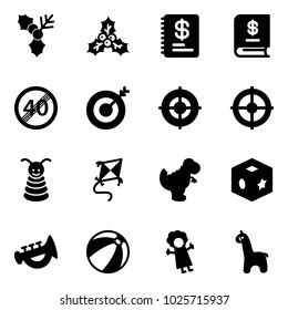 Solid vector icon set - holly vector, annual report, end speed limit road sign, target, pyramid toy, kite, dinosaur, cube, horn, beach ball, doll, giraffe