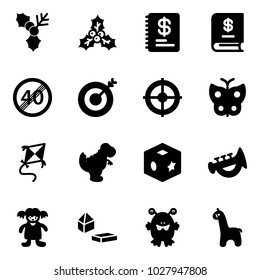 Solid vector icon set - holly vector, annual report, end speed limit road sign, target, butterfly, kite, dinosaur toy, cube, horn, doll, constructor blocks, monster, giraffe