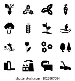 Solid vector icon set - holly vector, three leafs, carrot, broccoli, spica, sproute, hand, palm, tulip, flower, forest, water power plant, machine tool, lawn mower