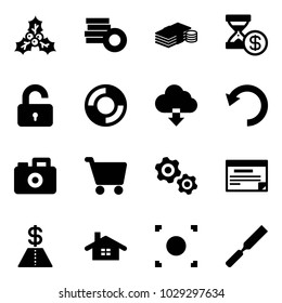 Solid vector icon set - holly vector, coin, cash, account history, unlocked, lifebuoy, download cloud, undo, camera, cart, gears, schedule, dollar, home, record button, rasp