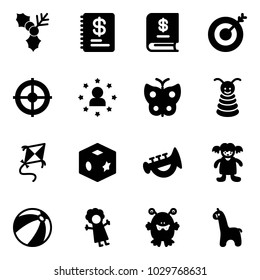 Solid vector icon set - holly vector, annual report, target, star man, butterfly, pyramid toy, kite, cube, horn, doll, beach ball, monster, giraffe