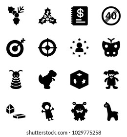 Solid vector icon set - holly vector, annual report, end speed limit road sign, target, star man, butterfly, pyramid toy, dinosaur, cube, doll, constructor blocks, monster, giraffe
