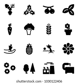 Solid vector icon set - holly vector, rowanberry, three leafs, carrot, broccoli, spica, flower pot, hand sproute, pineapple, palm, forest, plant, machine tool