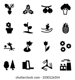 Solid vector icon set - holly vector, rowanberry, broccoli, flower pot, sproute, hand, pineapple, palm, tulip, forest, water power plant, wind mill