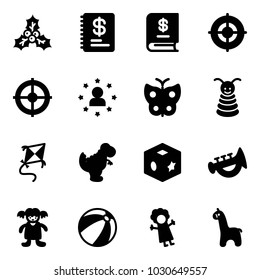 Solid vector icon set - holly vector, annual report, target, star man, butterfly, pyramid toy, kite, dinosaur, cube, horn, doll, beach ball, giraffe