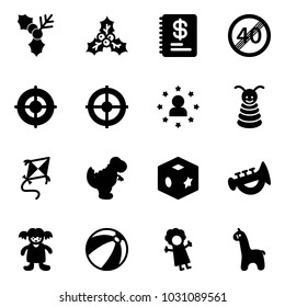 Solid vector icon set - holly vector, annual report, end speed limit road sign, target, star man, pyramid toy, kite, dinosaur, cube, horn, doll, beach ball, giraffe