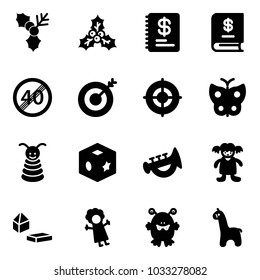 Solid vector icon set - holly vector, annual report, end speed limit road sign, target, butterfly, pyramid toy, cube, horn, doll, constructor blocks, monster, giraffe