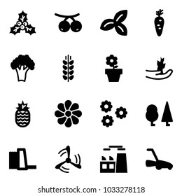 Solid vector icon set - holly vector, rowanberry, three leafs, carrot, broccoli, spica, flower pot, hand sproute, pineapple, forest, water power plant, wind mill, lawn mower