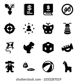 Solid vector icon set - holly vector, annual report, end speed limit road sign, target, star man, butterfly, pyramid toy, kite, dinosaur, cube, horn, doll, constructor blocks, beach ball, giraffe