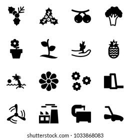 Solid vector icon set - holly vector, rowanberry, broccoli, flower pot, sproute, hand, pineapple, palm, water power plant, wind mill, machine tool, lawn mower
