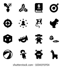 Solid vector icon set - holly vector, annual report, target, star man, kite, dinosaur toy, cube, horn, doll, constructor blocks, beach ball, monster, giraffe