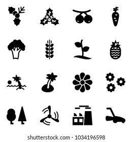 Solid vector icon set - holly vector, rowanberry, carrot, broccoli, spica, sproute, pineapple, palm, flower, forest, wind mill, plant, lawn mower
