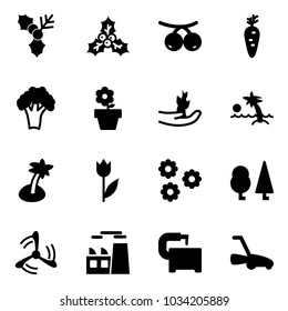 Solid vector icon set - holly vector, rowanberry, carrot, broccoli, flower pot, hand sproute, palm, tulip, forest, wind mill, plant, machine tool, lawn mower