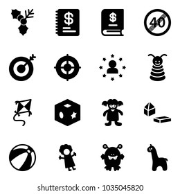 Solid vector icon set - holly vector, annual report, end speed limit road sign, target, star man, pyramid toy, kite, cube, doll, blocks, beach ball, monster, giraffe