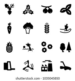 Solid vector icon set - holly vector, rowanberry, three leafs, carrot, broccoli, spica, hand sproute, pineapple, palm, flower, forest, water power plant, wind mill, lawn mower