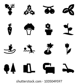 Solid vector icon set - holly vector, rowanberry, three leafs, carrot, broccoli, flower pot, sproute, hand, palm, tulip, forest, water power plant, machine tool, lawn mower