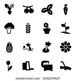 Solid vector icon set - holly vector, rowanberry, three leafs, carrot, broccoli, spica, flower pot, sproute, pineapple, palm, tulip, water power plant, machine tool, lawn mower