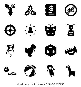 Solid vector icon set - holly vector, annual report, end speed limit road sign, target, star man, butterfly, pyramid toy, kite, dinosaur, cube, horn, constructor blocks, beach ball, doll, giraffe