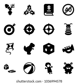 Solid vector icon set - holly vector, annual report, end speed limit road sign, target, pyramid toy, kite, dinosaur, cube, horn, constructor blocks, beach ball, doll, monster