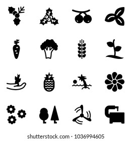 Solid vector icon set - holly vector, rowanberry, three leafs, carrot, broccoli, spica, sproute, hand, pineapple, palm, flower, forest, wind mill, machine tool