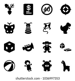 Solid vector icon set - holly vector, annual report, end speed limit road sign, target, butterfly, pyramid toy, kite, dinosaur, cube, horn, doll, constructor blocks, beach ball, monster, giraffe