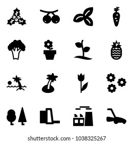 Solid vector icon set - holly vector, rowanberry, three leafs, carrot, broccoli, flower pot, sproute, pineapple, palm, tulip, forest, water power plant, lawn mower