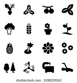 Solid vector icon set - holly vector, rowanberry, three leafs, broccoli, spica, flower pot, sproute, pineapple, palm, forest, wind mill, machine tool, lawn mower