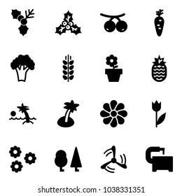 Solid vector icon set - holly vector, rowanberry, carrot, broccoli, spica, flower pot, pineapple, palm, tulip, forest, wind mill, machine tool