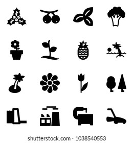 Solid vector icon set - holly vector, rowanberry, three leafs, broccoli, flower pot, sproute, pineapple, palm, tulip, forest, water power plant, machine tool, lawn mower