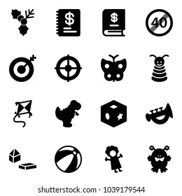 Solid vector icon set - holly vector, annual report, end speed limit road sign, target, butterfly, pyramid toy, kite, dinosaur, cube, horn, constructor blocks, beach ball, doll, monster