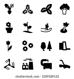 Solid vector icon set - holly vector, three leafs, broccoli, flower pot, sproute, hand, palm, tulip, forest, water power plant, wind mill, machine tool, lawn mower