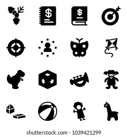Solid vector icon set - holly vector, annual report, target, star man, butterfly, kite, dinosaur toy, cube, horn, doll, constructor blocks, beach ball, giraffe