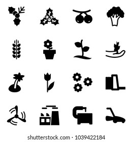 Solid vector icon set - holly vector, rowanberry, broccoli, spica, flower pot, sproute, hand, palm, tulip, water power plant, wind mill, machine tool, lawn mower