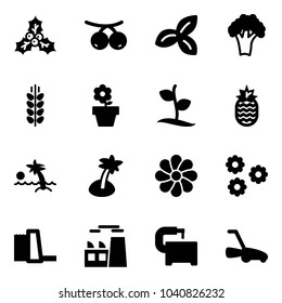 Solid vector icon set - holly vector, rowanberry, three leafs, broccoli, spica, flower pot, sproute, pineapple, palm, water power plant, machine tool, lawn mower