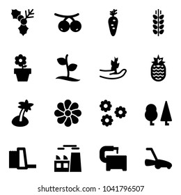 Solid vector icon set - holly vector, rowanberry, carrot, spica, flower pot, sproute, hand, pineapple, palm, forest, water power plant, machine tool, lawn mower