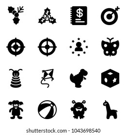 Solid vector icon set - holly vector, annual report, target, star man, butterfly, pyramid toy, kite, dinosaur, cube, doll, beach ball, monster, giraffe