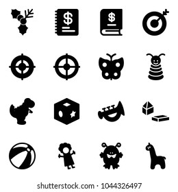 Solid vector icon set - holly vector, annual report, target, butterfly, pyramid toy, dinosaur, cube, horn, constructor blocks, beach ball, doll, monster, giraffe