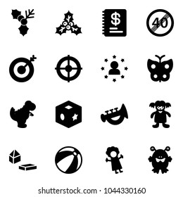 Solid vector icon set - holly vector, annual report, end speed limit road sign, target, star man, butterfly, dinosaur toy, cube, horn, doll, constructor blocks, beach ball, monster