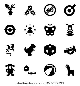 Solid vector icon set - holly vector, end speed limit road sign, target, star man, butterfly, pyramid toy, kite, dinosaur, cube, horn, doll, constructor blocks, beach ball, giraffe