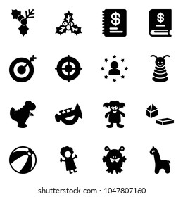 Solid vector icon set - holly vector, annual report, target, star man, pyramid toy, dinosaur, horn, doll, constructor blocks, beach ball, monster, giraffe