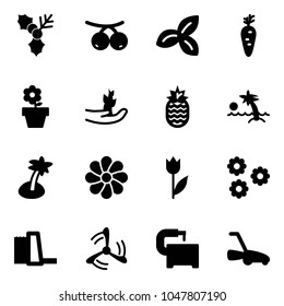 Solid vector icon set - holly vector, rowanberry, three leafs, carrot, flower pot, hand sproute, pineapple, palm, tulip, water power plant, wind mill, machine tool, lawn mower