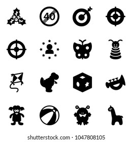 Solid vector icon set - holly vector, end speed limit road sign, target, star man, butterfly, pyramid toy, kite, dinosaur, cube, horn, doll, beach ball, monster, giraffe