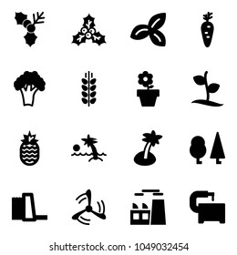 Solid vector icon set - holly vector, three leafs, carrot, broccoli, spica, flower pot, sproute, pineapple, palm, forest, water power plant, wind mill, machine tool