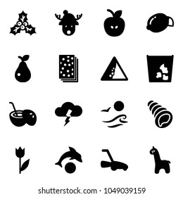 Solid vector icon set - holly vector, christmas deer hat, apple, lemon, pear, breads, landslide road sign, garbage, coconut cocktail, storm, waves, shell, tulip, dolphin, lawn mower, toy giraffe
