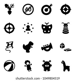 Solid vector icon set - holly vector, end speed limit road sign, target, star man, butterfly, pyramid toy, kite, dinosaur, horn, constructor blocks, beach ball, doll, monster, giraffe
