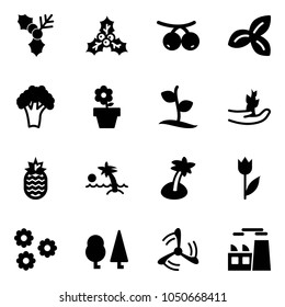 Solid vector icon set - holly vector, rowanberry, three leafs, broccoli, flower pot, sproute, hand, pineapple, palm, tulip, forest, wind mill, plant