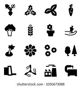 Solid vector icon set - holly vector, three leafs, carrot, broccoli, spica, flower pot, hand sproute, palm, forest, water power plant, wind mill, machine tool