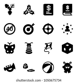 Solid vector icon set - holly vector, annual report, end speed limit road sign, target, star man, butterfly, pyramid toy, kite, cube, horn, constructor blocks, beach ball, monster